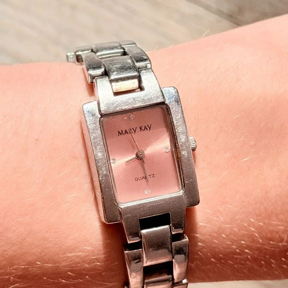 Vintage Mary Kay Pink Dial Silver Tone Rectangle Watch Y2K Rhinestone Watch